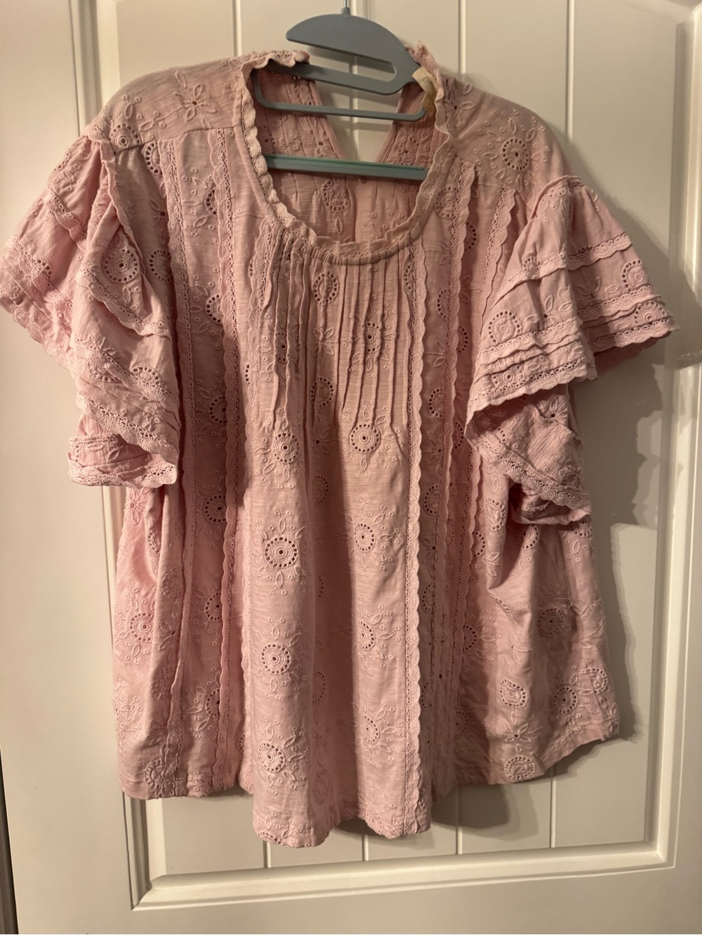 Free People Pink Embroidered Eyelet Ruffle Blouse